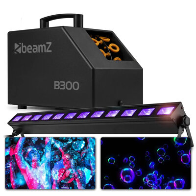 Neon partypakket met blacklight, bellenblaasmachine en 1L vloeistof